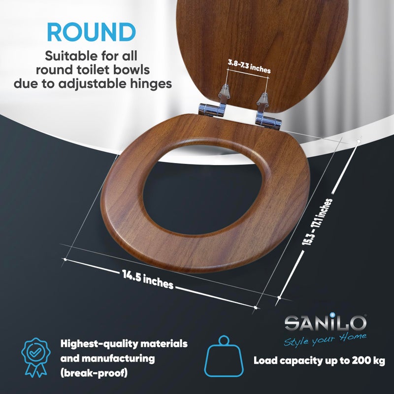 SANILO Wooden Toilet Seat with Soft Close [ROUND] - Decorative, Quiet & Slow Close Molded Wood Seat - With Strong Bumpers & Hinges - Adjustable Fit â€“ Mahogany - Image 3